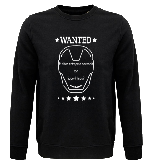 Sweat-shirt unisexe à col ras le cou noir - Série Wanted, masque et slogan (impression recto)