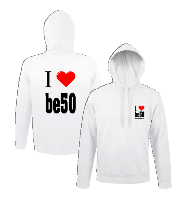 Sweat-shirt unisexe à capuche blanc - Série i love be50 (impression recto-verso)