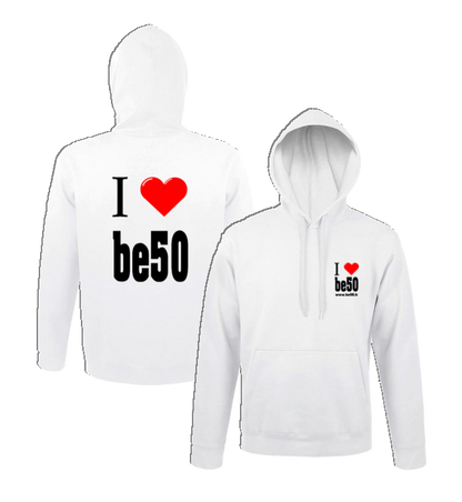 Sweat-shirt unisexe à capuche blanc - Série i love be50 (impression recto-verso)