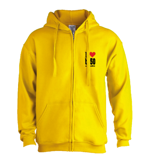 Sweat-shirt unisexe à capuche jaune avec zip - Série i love be50 (impression recto)