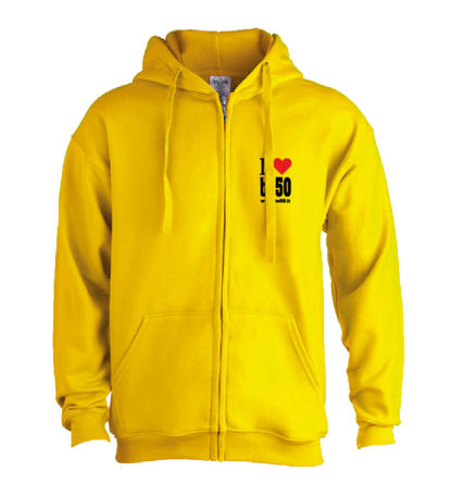 Sweat-shirt unisexe à capuche jaune avec zip - Série i love be50 (impression recto)