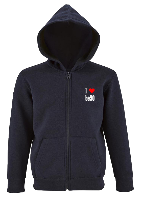 Sweat pour enfants bleu marine avec zip - Série i love be50 (impression recto)