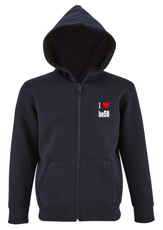 Sweat pour enfants bleu marine avec zip - Série i love be50 (impression recto)